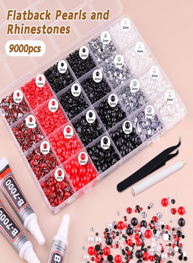 TINKRSTUFF 9000PCS Flatback Pearls and Rhinestones for Bedazzling Kit, Red White Black 3-10mm Resin Rhinestones and Half Pearls for Crafting, Nail Art Crafts Dec with 3pcs B7000 Jewelry Glue - Image 3